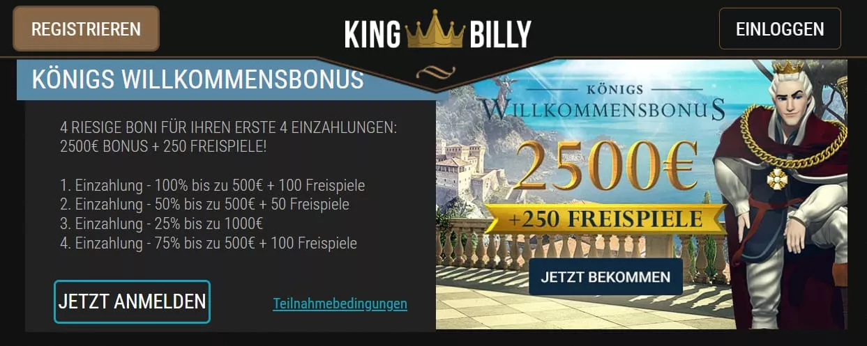 King Billy Bonus bis 2.500 Euro & 250 Freispiele