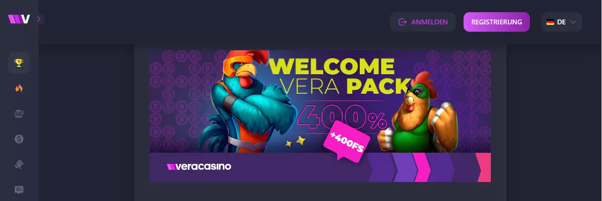 Vera Casino Willkommensbonus 400% & 400 Freispiele
