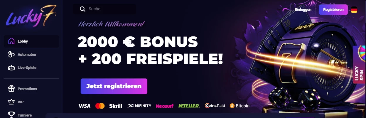 Lucky7even Bonus Codes 2000 Euro und 200 Freispiele