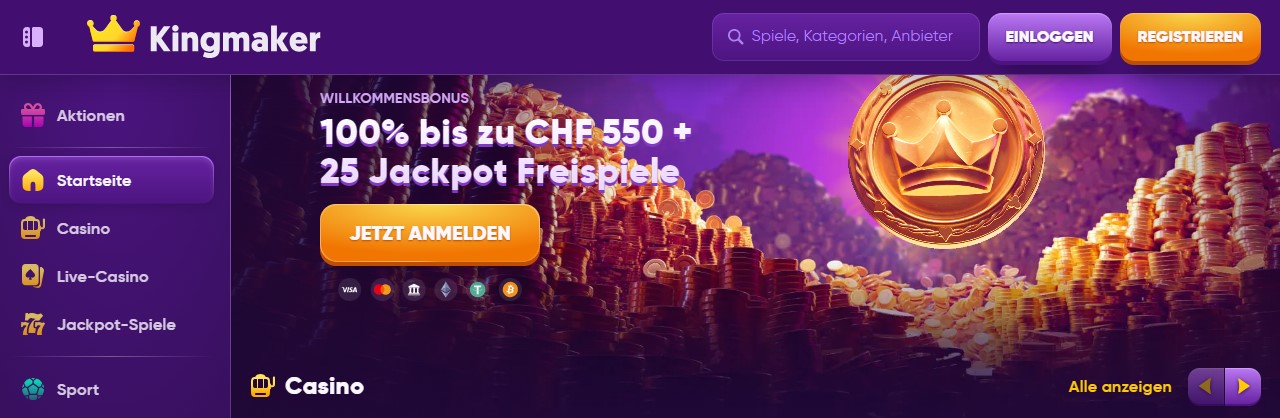 Kingmaker Casino Bonus: CHF 550 + 50 Drehs am Glücksrad